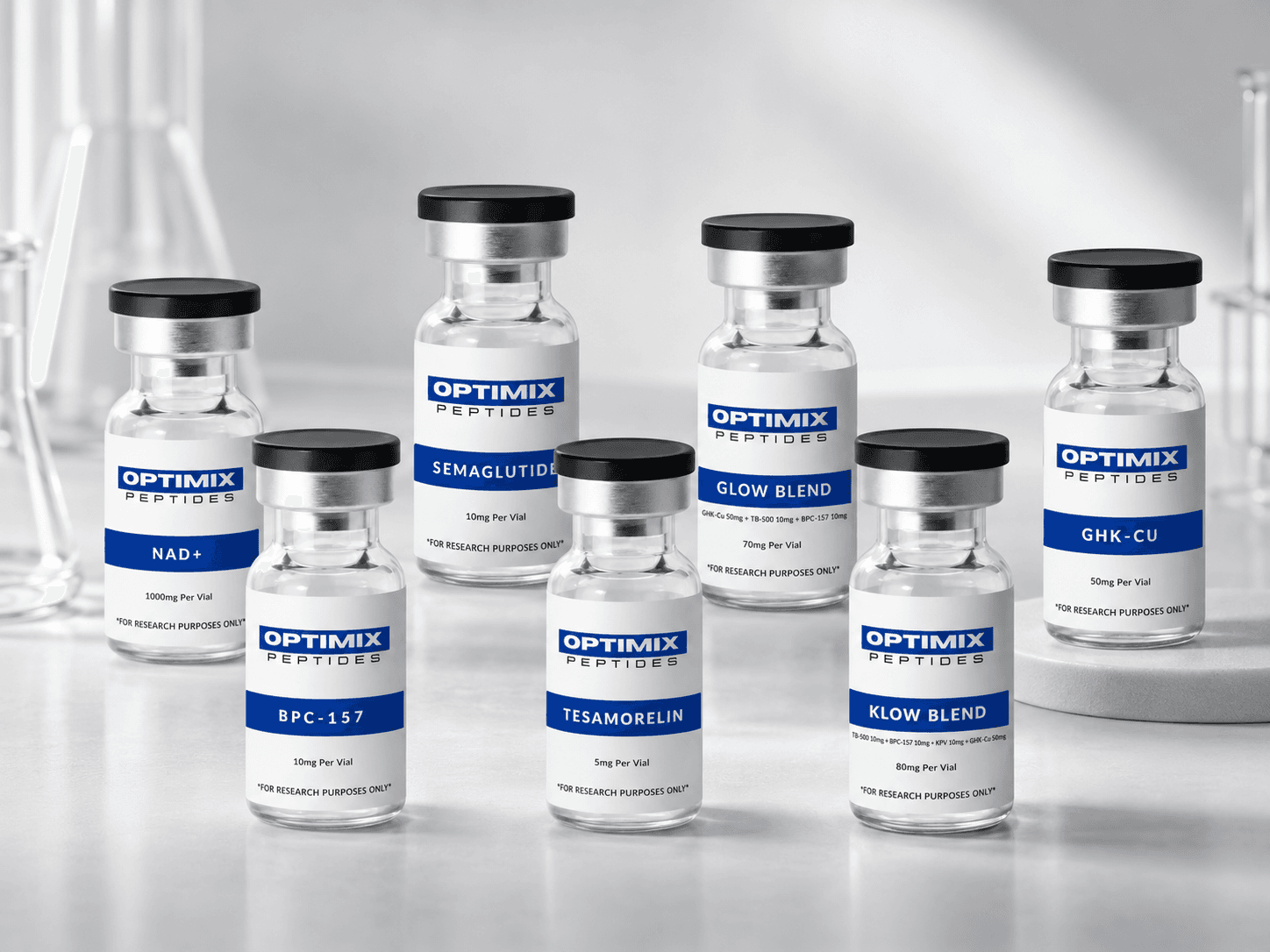 The Optimix Compounds catalog — seven research-grade peptide vials on a lab bench